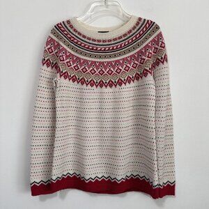 Talbots Fai Fair Isle Nordic Sweater Wool Small Ski White Red Knit Pullover Cozy